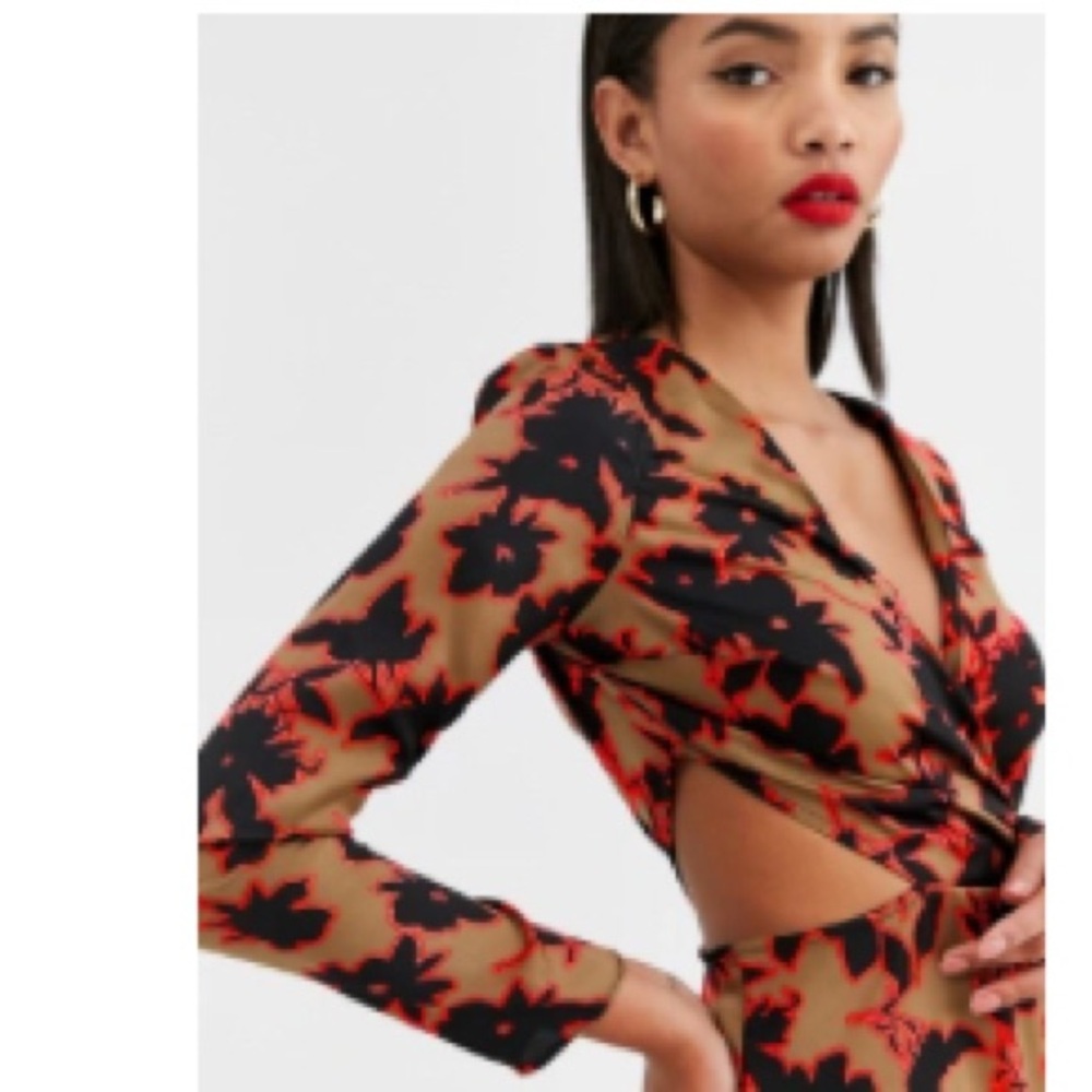 ASOS DESIGN Wrap Midi Dress with Cut Out Side in Floral Print